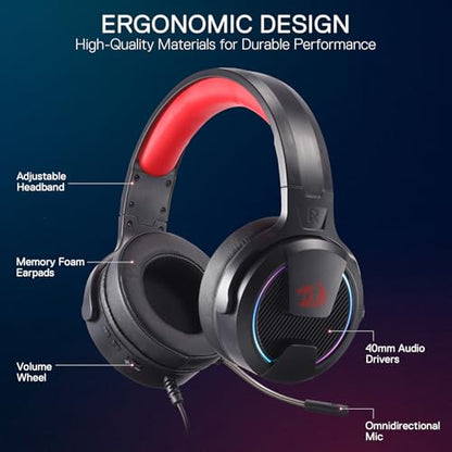 Redragon H315 RGB Gaming Headset - Wired Computer Headset with 40mm Drivers, Noise-Canceling Microphone, USB Connection, Lightweight Design, and Soft PU Leather Ear Cushions for Ultimate Comfort