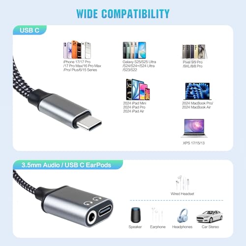 USB-C to 3.5mm Headphone Adapter, Supports 60W PD Fast Charging, 3-in-1 Type-C to AUX, Type-C Audio Interface and USB-C Charging, Hi-Fi DAC Sound Quality, Compatible with iPhone 15 and Samsung S24.