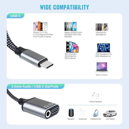 USB-C to 3.5mm Headphone Adapter, Supports 60W PD Fast Charging, 3-in-1 Type-C to AUX, Type-C Audio Interface and USB-C Charging, Hi-Fi DAC Sound Quality, Compatible with iPhone 15 and Samsung S24.