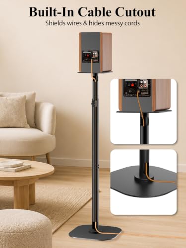 Haturi Universal Speaker Stands Pair, Height Adjustable 35"-49" Floor Speaker Stands for Bookshelf, Satellite & Surround Sound Speakers, 15 lbs Capacity, Dual Cable Management,Black