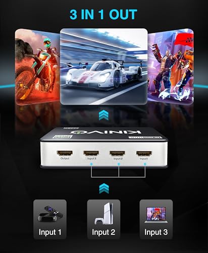 Kinivo HDMI Switch 3 in 1 Out 4K 60Hz (HDR 10, High Speed 18Gbps, IR Remote, HDCP2.2, Dolby Vision, VRR) - 350BN Switcher Compatible with Roku, PS5, Xbox, Apple TV, Nintendo Switch 2, Cable Box - size: 4K - 3 Port