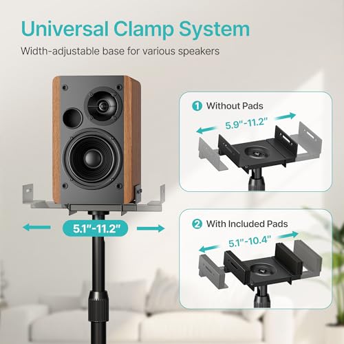 Height-Adjustable Speaker Stands Pair, Black | Height Adjustable from 33.4" to 44", 11LBS Capacity, Surround Sound Speaker Stands, Cable Management, 1 Pair