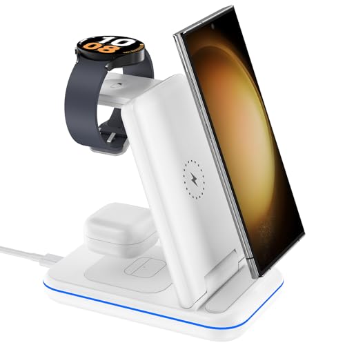Wireless Charger for Samsung/Android, HOLYJOY Foldable 3 in 1 Fast Charging Station/Stand/Multi Charger for Samsung S25 Ultra/S24/Note 20,Travel Pad for Galaxy Watch 8/7/6/5/4/Active 2,For Buds(Ivory) - color: Ivory