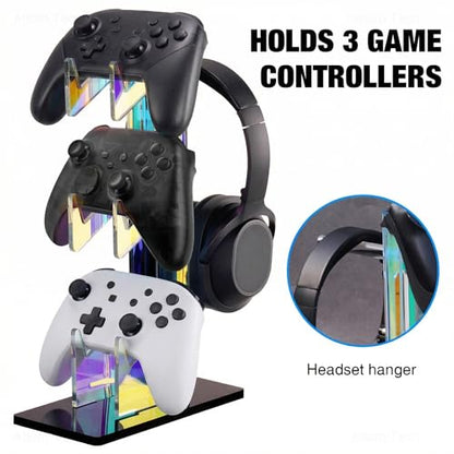 NiHome Controller Holder Headphone Stand 3-Tier Iridescent Acrylic Gaming | Headset Mount With Anti-Slip Base, Cable Holes, Universal For PS5 Xbox Switch, Desk Organizer, Gamer Gifts - size: Iridescent 3-Tier