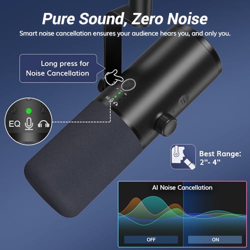 TONOR Dynamic Podcast Microphone for Content Creators, Cardioid XLR/USB Mic, AI Noise Cancellation, Tap Mute, 3.5mm Jack for Monitoring, Volume Control, Microfono with Boom Arm, Black, TD510 AIR H+