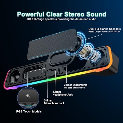 Computer Speakers - Wired USB Powered Bluetooth Computer Sound Bar with RGB & Volume Knob, HiFi Stereo Portable Gaming Sound Bar Speaker for Desktop Monitor, PC, Laptop, Tablets, Mac Air/Pro