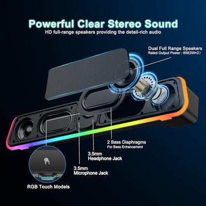 Computer Speakers - Wired USB Powered Bluetooth Computer Sound Bar with RGB & Volume Knob, HiFi Stereo Portable Gaming Sound Bar Speaker for Desktop Monitor, PC, Laptop, Tablets, Mac Air/Pro