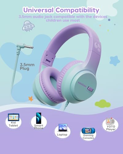 awatrue Kids Headphones for School, 74‑85‑94dB, 3.5mm Jack, HK07 | Foldable Wired Over Ear Headphones, for Toddler School/Travel/iPad/Tablet, Purple-Green - color: ‌Purple-Green