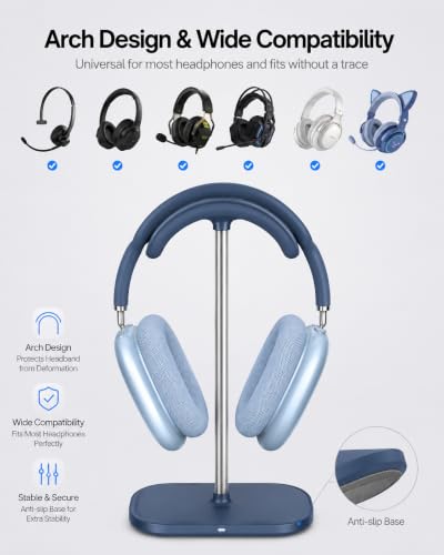 3 in 1 Headphone Stand, Airpod Max Charger Stand with 15W Wireless Charger | Headset Holder for AirPods Max 2/Pro/iWatch/Vision Pro, Charging for iPhone 17/16/15/14/13/12/11/X, Aluminum Alloy Rod, Blue