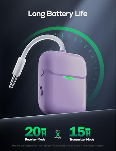 Nulaxy Air in-Flight Bluetooth Wireless Audio Transmitter Receiver for up to 2 AirPods Wireless Headphones, Bluetooth Adapter for All 3.5mm Aux Jacks on Airplanes, Purple