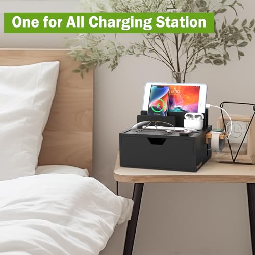 Pezin & Hulin Charging Station Dock with Charger HUB and Cables-Black | Nightstand Docking Station with Lined Tray & Drawer for Multi Device, Compatible with Tablet, Cell Phones, Watch & Earbuds - color: Black(With Charger)