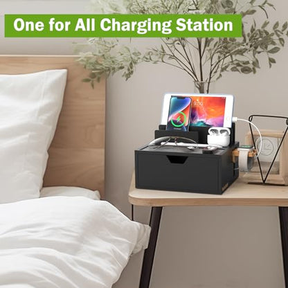 Pezin & Hulin Charging Station Dock with Charger HUB and Cables-Black | Nightstand Docking Station with Lined Tray & Drawer for Multi Device, Compatible with Tablet, Cell Phones, Watch & Earbuds - color: Black(With Charger)