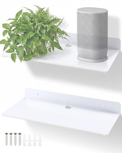 12" Floating Metal Wall Shelf 2-Pack, Router Shelf with Cable Hole | Wall Mount Floating Shelves for Speakers Books Plants Cameras WiFi Router, Home Office Bathroom Storage Organizer