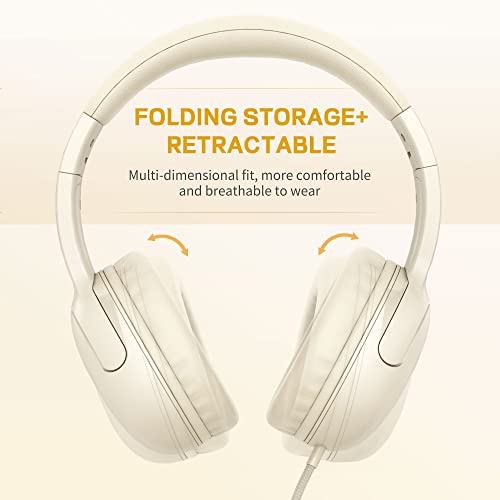 LORELEI E5 Wired Headphones for Kids Foldable & 3.5mm Jack Tangle Free Nylon Wire Stereo On Ear Headsets for Kids/Children/School/Tablet/Ipad/Kiddle/Plane (Beige White) - color: Beige White