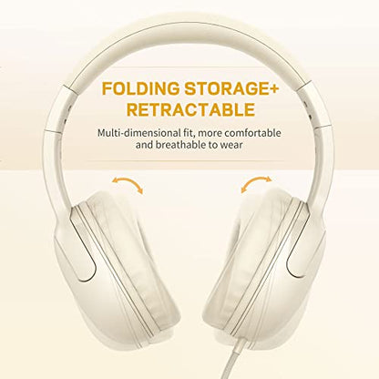 LORELEI E5 Wired Headphones for Kids Foldable & 3.5mm Jack Tangle Free Nylon Wire Stereo On Ear Headsets for Kids/Children/School/Tablet/Ipad/Kiddle/Plane (Beige White) - color: Beige White