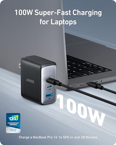 Anker Nano 100W MacBook Charger, 3-Port Fast Compact GaN USB Charger Block | With 1 Pack & 1 Cable for MacBook Pro/Air, Pixelbook, ThinkPad, Dell XPS, iPad Pro, iPhone 17 Series, Galaxy S23, and More - color: black