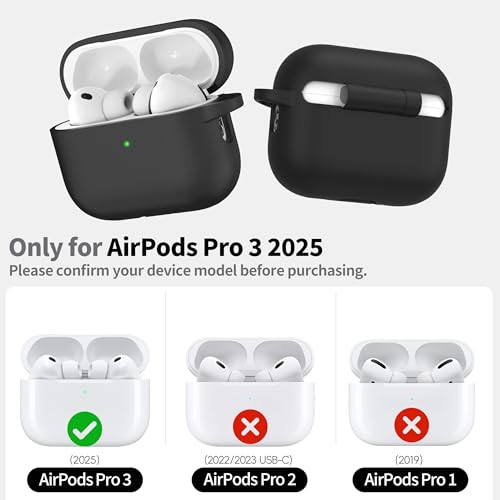 RFUNGUANGO AirPods Pro 3 Case Silicone Protective Cover, Black | Compatible with AirPods Pro 3rd Generation, Wireless Charging Compatible with Cleaning Kit & Keychain - color: A-A-Black, size: AirPods Pro 3 Case