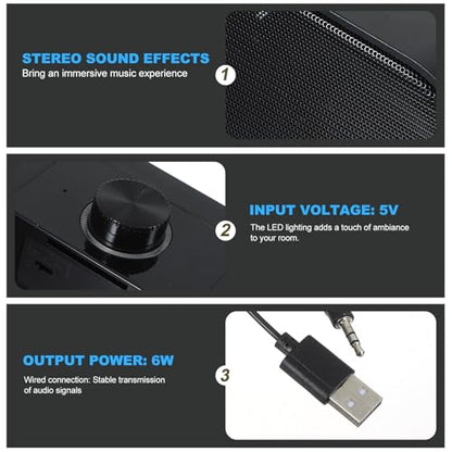 jojofuny Compact Wired Soundbar for Computer with LED Lighting and Space-Saving Design, Plastic Desktop Speaker for Home Use