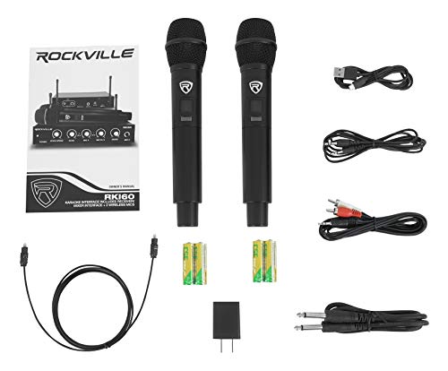 Rockville RKI60 Dual UHF Wireless Microphone Karaoke Interface and Mixer | 2 UHF Mics, 8 Frequencies, 200 Ft Range, Optical/Coax/Aux Inputs, 1/4" Mix Output, Echo Control, Cables Included - style: W/O Bluetooth
