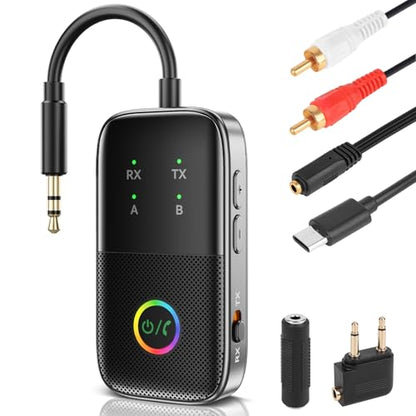 Bluetooth 5.2 Transmitter Receiver aptX Adaptive/Low Latency/HD Bluetooth Adapter Support 2 AirPods Phones, Wireless Audio Receiver 3.5mm Aux Headphone Jack Adapter for Airplane Travel/TV/Home Stereo - style: A5-PRO