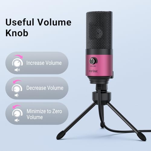 FIFINE USB Microphone, Condenser Podcast Mic with Volume Knob Control, Metal Tripod Stand, USB Cable for Recording, Online Meeting, Streaming, Video Conferencing, PC Desk Microphone-K669 Rose Red | PC Desk Microphone with Volume Knob Control, Metal Tripod