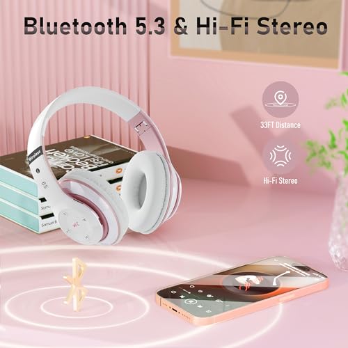 Bluetooth Headphones Over Ear, 6S Foldable Wireless Headphones with 6 EQ Modes, 40 Hours Playtime HiFi Stereo Headset with Mic, Soft Ear Pads, TF/FM for Cellphone/PC/Home (White & Rose Gold) - color: Rose Gold