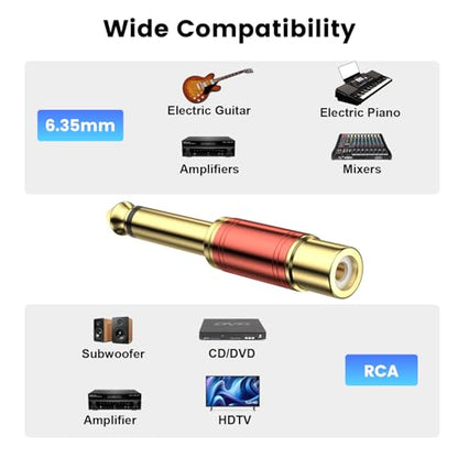 RCA to 1/4 Inch Adapter 4-Pack | 6.35mm TS Male to RCA Female Audio Connector, 24K Gold Plated, Red - color: Red - 4 Pack