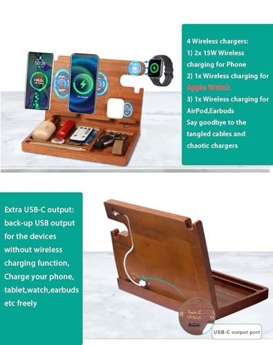 Nightstand Organizer with 4 Wireless Charger for 2 iPhone/Android Phone,Apple Watch,Airpod,Wood Phone Docking Station,27W Fast Wireless Charging Station,Wallet/Key Holder,Gift for Men Dad