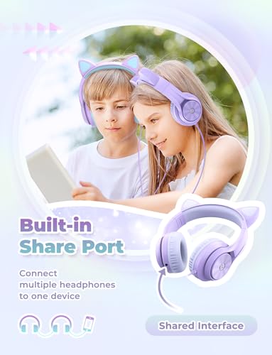 iClever HS20 Kids Headphones for Toddler Girls, Cat Ear LED Light Up School | SafeSound Tech, 3.5mm Wired Foldable FunShare, Stereo Sound, Over-Ear Headphones for Kids for iPad/Tablet/Travel/Gift, Purple - color: Purple