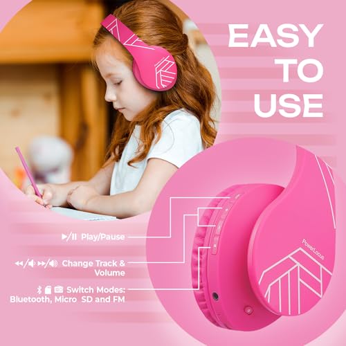 PowerLocus Kids Headphones Over-Ear, Bluetooth Wireless Headphones for Kids,with Microphone, Safe 85DB Volume Limited, Foldable with Carry Case, Audio Cable, Micro SD mode for Online Classes,PC,Phones - color: Pink