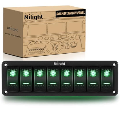 Nilight 8 Gang Rocker Switch Panel 5Pin On Off Toggle Switch Aluminum Holder 12V 24V Dash Pre-Wired Green Backlit Switches for Automotive Cars Marine Boats RVs Truck, 2 Years Warranty - color: Green, size: 8 Gang