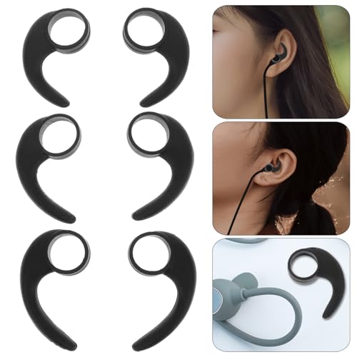 TIDTALEO 6Pcs Non-Slip Silicone Earbud Clip Hooks with Earflaps for Sports, Comfortable Anti-Slip Earphone Ear Hooks, Large, Medium, and Small Sizes in Black for Active Users