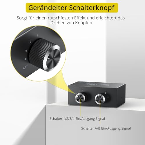 PROZOR 4-Way Stereo L/R Bi-Directional Audio Switcher 4X2/2X4 | Bi-Directional 2 in 4 Out or 4 in 2 Out, with Off Button No External Power Required, For DVD Stereo Speaker, CD Player - color: Black 4-2