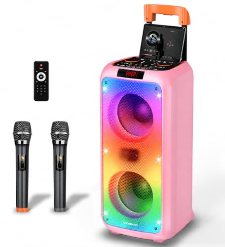 Karaoke Machine for Adults, Portable PA System Karaoke Machine Party Speaker with 2 Microphones, Supporting TF/USB/AUX, TWS & LED Mode for Home & Outdoor Parties (Pink)
