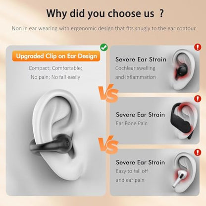 Paekole Clip On Headphones, Super Comfort Open Ear Bluetooth Earbuds for All Day Wear, Lightweight Bone Conduction Wireless Earbuds with Charging Case for Running