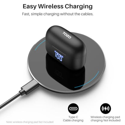 TOZO T20 Wireless Earbuds 97H Playtime, Wireless Charging LED Display Case | 10mm Deep Bass Sound, Dual Mic ENC Clear Calls, IPX8 Waterproof, Bluetooth 5.3, Comfortable Fit Ear Buds For Daily Use, Black - color: Black