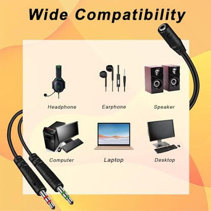3.5mm Headphone Splitter for PC TRRS Female to TRS Dual Male Y Splitter | Aux Cable Headset Audio Adapter Cord for Gaming Headphone Earphone to Dual-Jack PC Desktop Computer Laptop