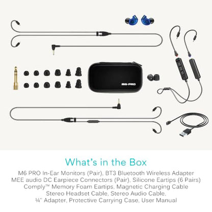 MEE audio M6 PRO Musicians' in-Ear Monitors Wired + Wireless Combo Pack: Includes IEMs, 2 Audio Cables and BT3 Hi-Res Bluetooth Audio Adapter w/aptX, LDAC, Auracast Support, & Built-in Headset (Blue) - color: Blue, style: IEMs + Bluetooth Adapter