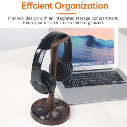Wood Headphone Stand Headset Stand for Deak Universal Headphone Holder with Storgae Base Handcrafted Desk Organizer for Gaming Headsets(Black Walnut)