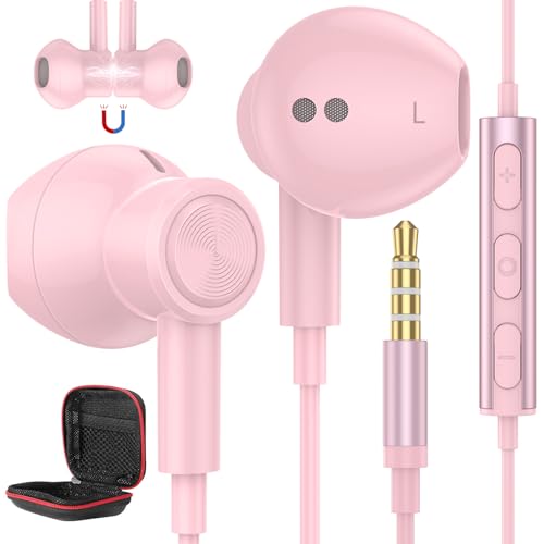 ASKUBSKU 3.5mm Headphone Wired Earbud with Mic for School Computer PC, Pink - color: Pink