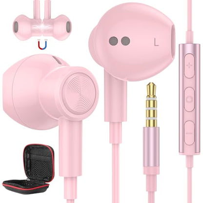 ASKUBSKU 3.5mm Headphone Wired Earbud with Mic for School Computer PC, Pink - color: Pink