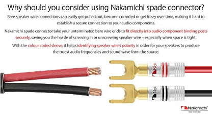 Nakamichi GrubLock 24k Gold Plated Spade Y Banana Plugs, 10-18 AWG | Excel Series, Gauge Size 4mm for Speakers Amplifier Hi-Fi AV Stereo Audio Wire Cable Screw Connector, 20 Pcs (10-Pairs) - size: 20 Pcs (10-Pairs)