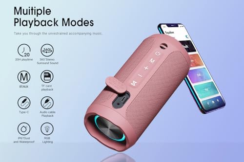 EDUPLINK Bluetooth Speaker IPX7 Waterproof Wireless, Pink - color: Pink Waterproof Speaker