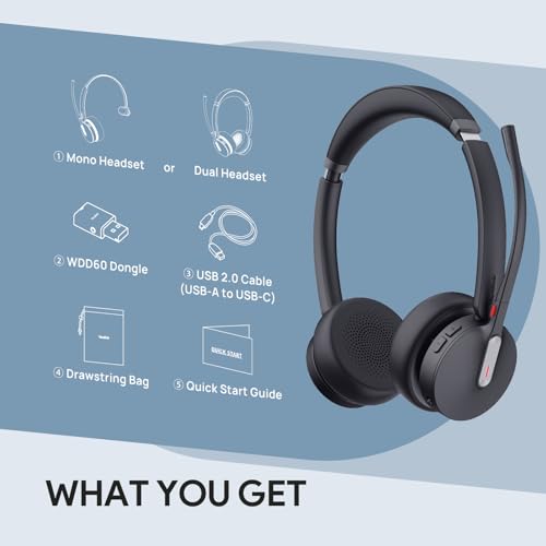 Yealink WH64 Hybrid Mono DECT Bluetooth Wireless Headset with Mic for Work | Teams Zoom Certified, Single Headphones with USB DECT Dongle for PC Mobile, 492ft Long Range, 3X Mic Noise Canceling, 26H - style: WH64 Hybrid Mono