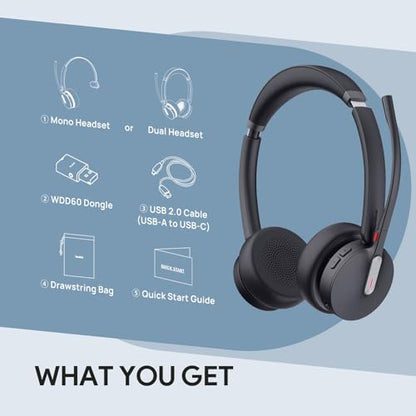 Yealink WH64 Hybrid Mono DECT Bluetooth Wireless Headset with Mic for Work | Teams Zoom Certified, Single Headphones with USB DECT Dongle for PC Mobile, 492ft Long Range, 3X Mic Noise Canceling, 26H - style: WH64 Hybrid Mono