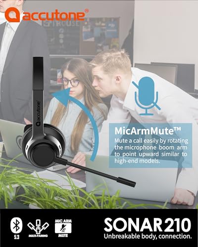 Accutone Sonar 210 Mono Bluetooth Headphones, Headset with mic, Long-Enduring Battery for PC/Mac & Cell Phones. Compatible with MS Teams/Skype/Zoom Best Choice for Work