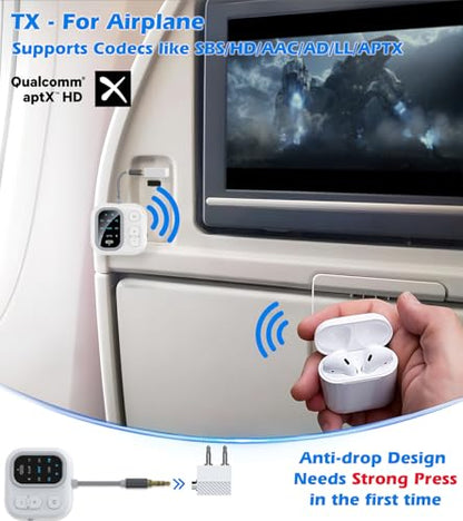 Airplane Bluetooth Adapter for Headphones AptX Low Latency | Bluetooth transmitter for TV to 2 Headphones, 3.5mm AUX Bluetooth Transmitter Receiver for Car/Home Stereo/Gym, TSNAM