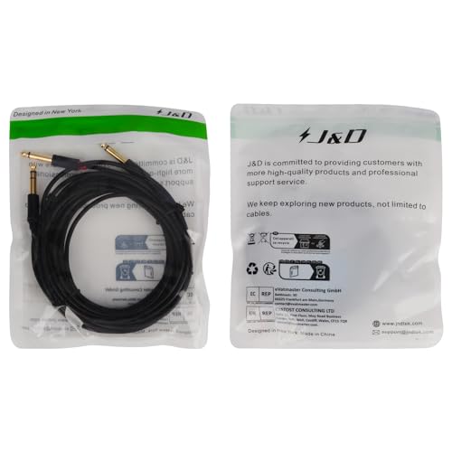 J&D 1/4 Inch TRS to Dual TS Y Splitter Cable, Gold Plated 6.35mm Stereo Male to 2 Mono Male Breakout Cable for Audio Interface, Mixer, Amplifier [Audiowave Series], 15 Feet - size: 15 Feet