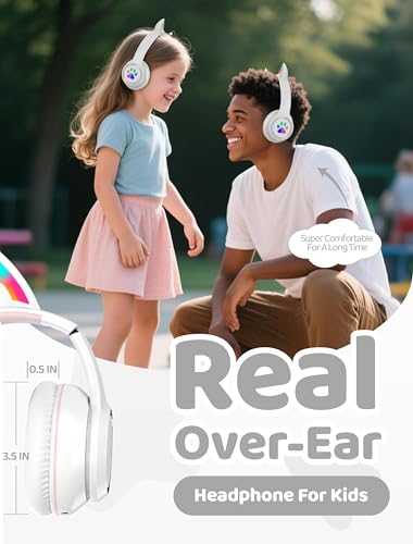 Bluetooth Headphones Wireless Cat Ear 60H/8H with LED Light Mic White | Adjustable Headband Foldable Over-Ear Headset for Kids/Tablet/iPad/Laptop,HD Stereo Sound,Aux Aux 3.5mm - color: White