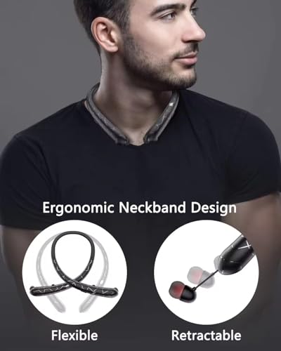 Retractable Neckband Bluetooth Headphones, No-Tangle Wireless Earbuds with 14Hrs Playtime, IPX5 Rating, CVC Noise Cancellation Mic for Crystal Clear Calls, Ideal for Running, Gym, Exercise